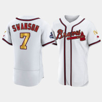 Men's Atlanta Braves 2022 World Series 4-Time-Champ Gold Program Dansby Swanson White Jersey Men's Atlanta Braves 2022 World Series 4-Time-Champ Gold Program Dansby Swanson White Jersey