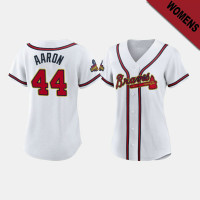 Women's Atlanta Braves #44 Hank Aaron White 2022 Gold Program Replica Jersey Women's Atlanta Braves #44 Hank Aaron White 2022 Gold Program Replica Jersey