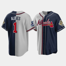 Official Men's Atlanta Braves 1995 Throwback Split Ozzie Albies Gray Navy 2021 World Series Champions Jersey