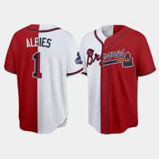 Official Men's Atlanta Braves Split Ozzie Albies Red White 2021 World Series Champions Jersey