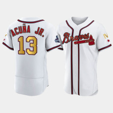Men's Atlanta Braves 2022 World Series 4-Time-Champ Gold Program Ronald Acuna Jr White Jersey Men's Atlanta Braves 2022 World Series 4-Time-Champ Gold Program Ronald Acuna Jr White Jersey