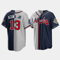 Official Men's Atlanta Braves 1995 Throwback Split Ronald Acuna Jr. Gray Navy 2021 World Series Champions Jersey