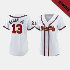 Women's Atlanta Braves #13 Ronald Acuna Jr. White 2022 Gold Program Replica Jersey Women's Atlanta Braves #13 Ronald Acuna Jr. White 2022 Gold Program Replica Jersey